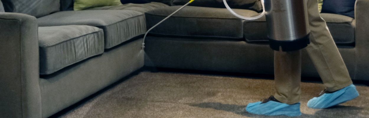 Man spraying a carpet with cleaner