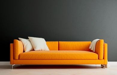 Orange couch with cream colored pillows