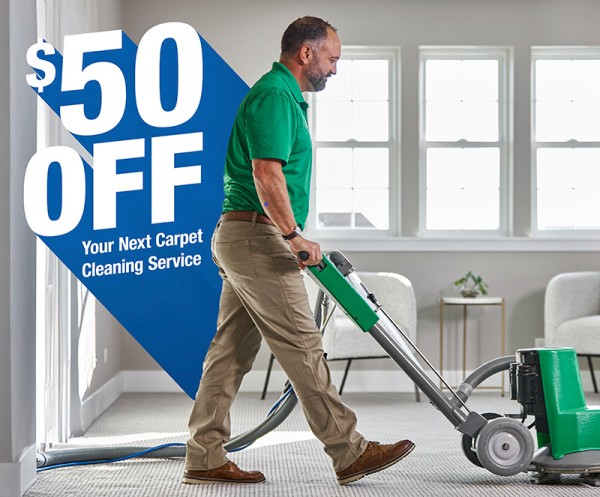 50 off promo image with man cleaning carpet