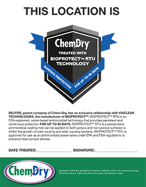 Chem-Dry certificate of treatment with MicroPro Shield disinfection and protection