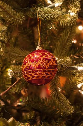 red ornament on Christmas tree