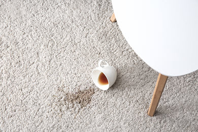 coffee cup lying on floor with coffee stain on carpet